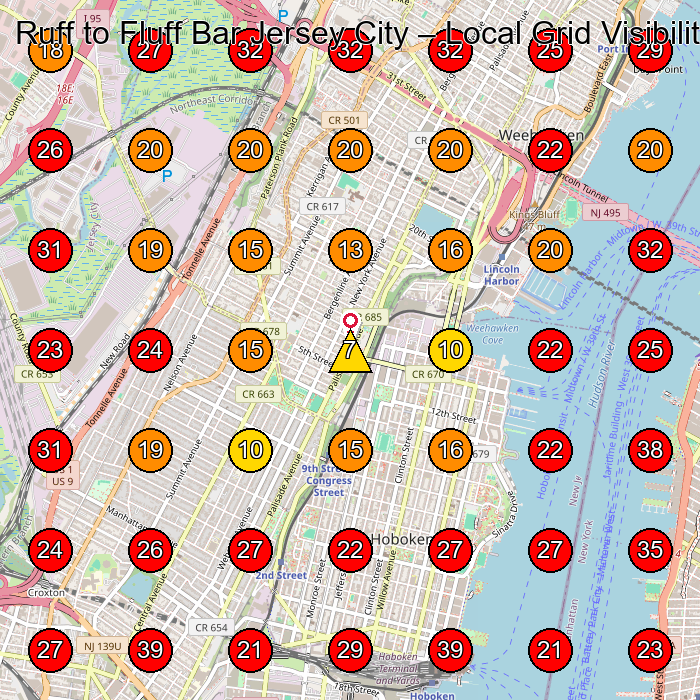 Ruff to Fluff Bar Jersey City GeoGrid visibility map for Pet Groomer in Hoboken